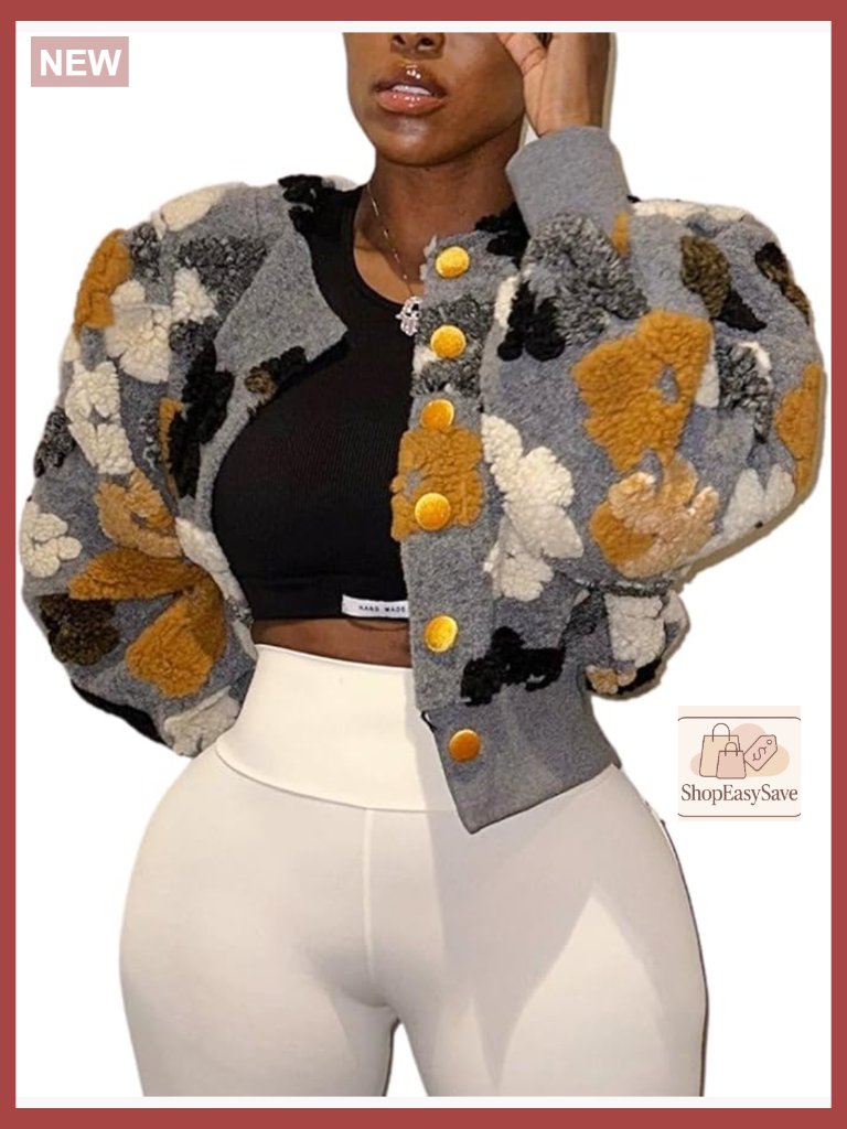 Cropped Floral Bomber Jacket Puff Sleeve Fleece Vintage Chic Outerwear